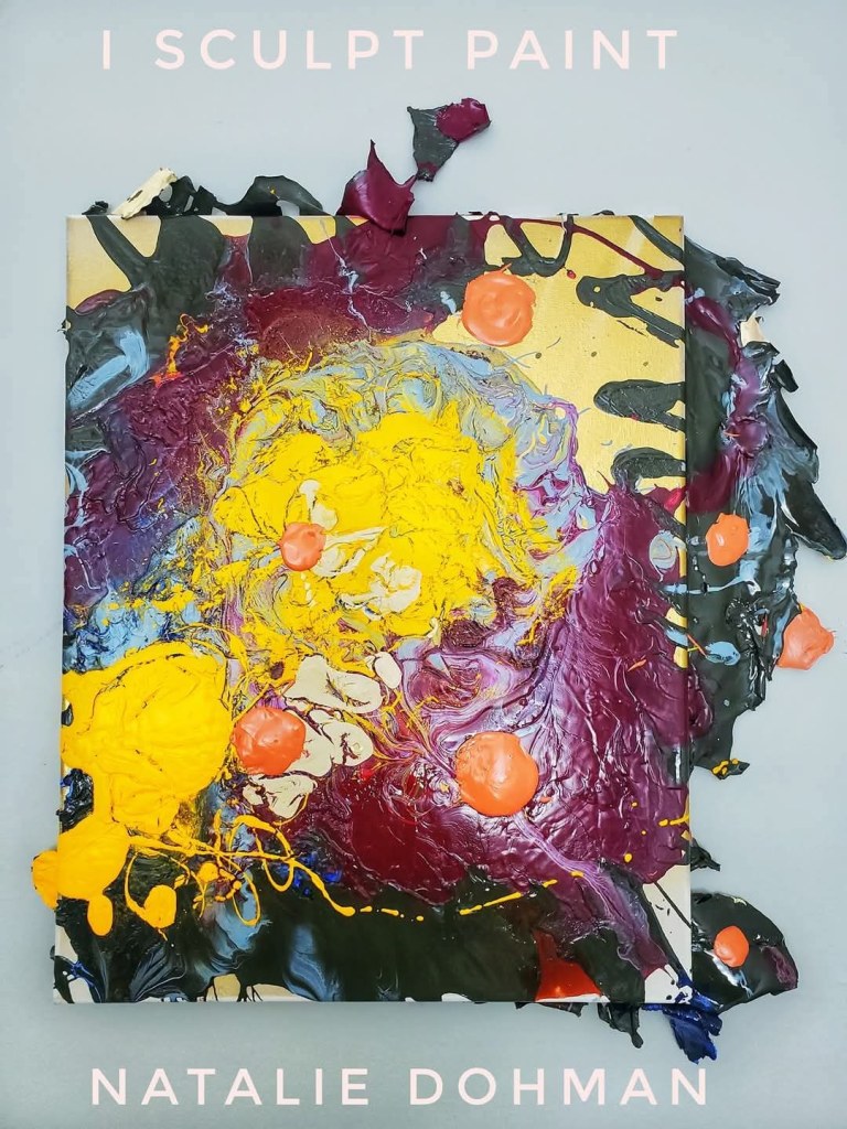 Abstract artwork by Natalie Dohman.  Photo shows mixed media art on canvas with edges hanging off in the color palette of browns and yellows and purples.